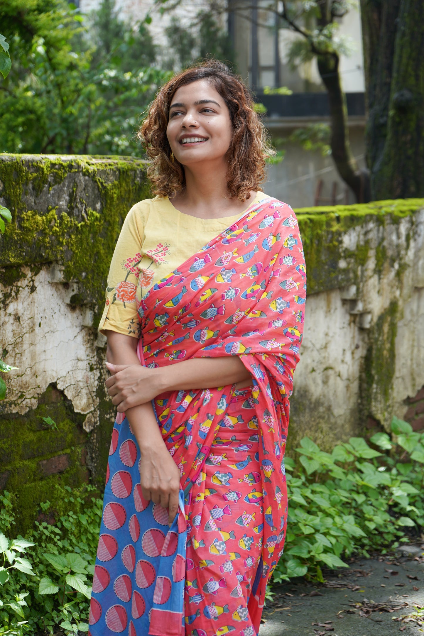 Quirky print handblocked saree