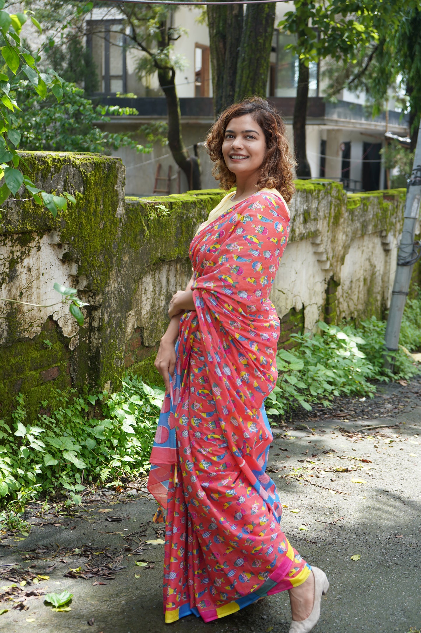 Quirky print handblocked saree