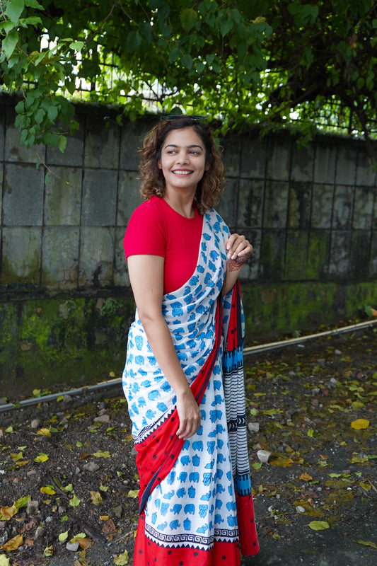 Handblock printed cotton saree